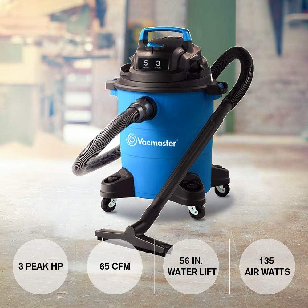VacMaster 3 Peak HP 5 Gallon Shop Vauum with Hepa Filter Powerful Suction Wet Dry Vacuum Cleaner with Blower Function 1-1/4 inch Hose 10f