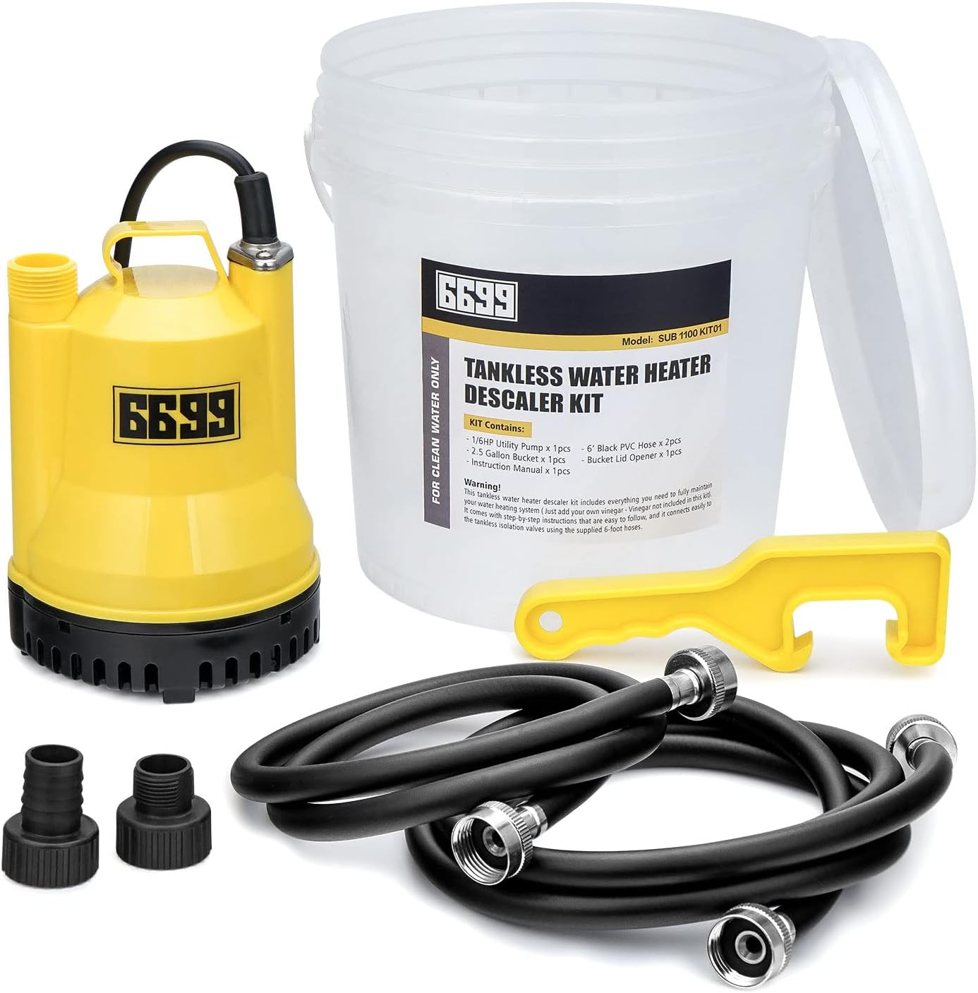 6699 Tankless Heater Descaling Flush Kit Includes Submersible Water Pump  with Adapters 2.5 Gallons Pail with Bucket Lid Opener and T