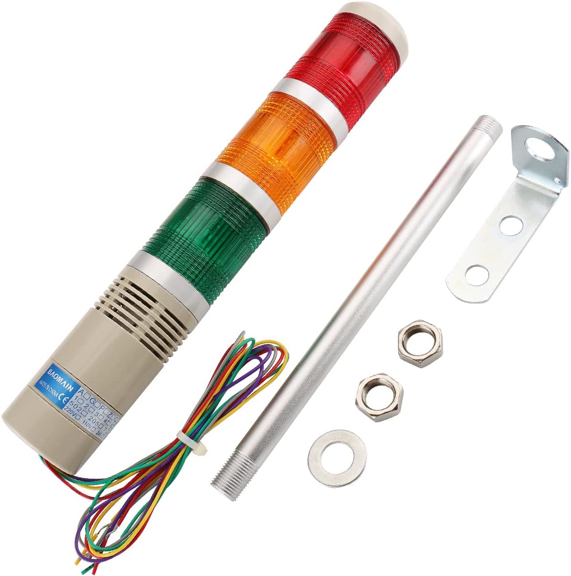 Baomain Industrial Signal Light Column LED Alarm Round Tower Light Indicator Flash Light Warning Light LTA-502WJ Buzzer Red Green Yello