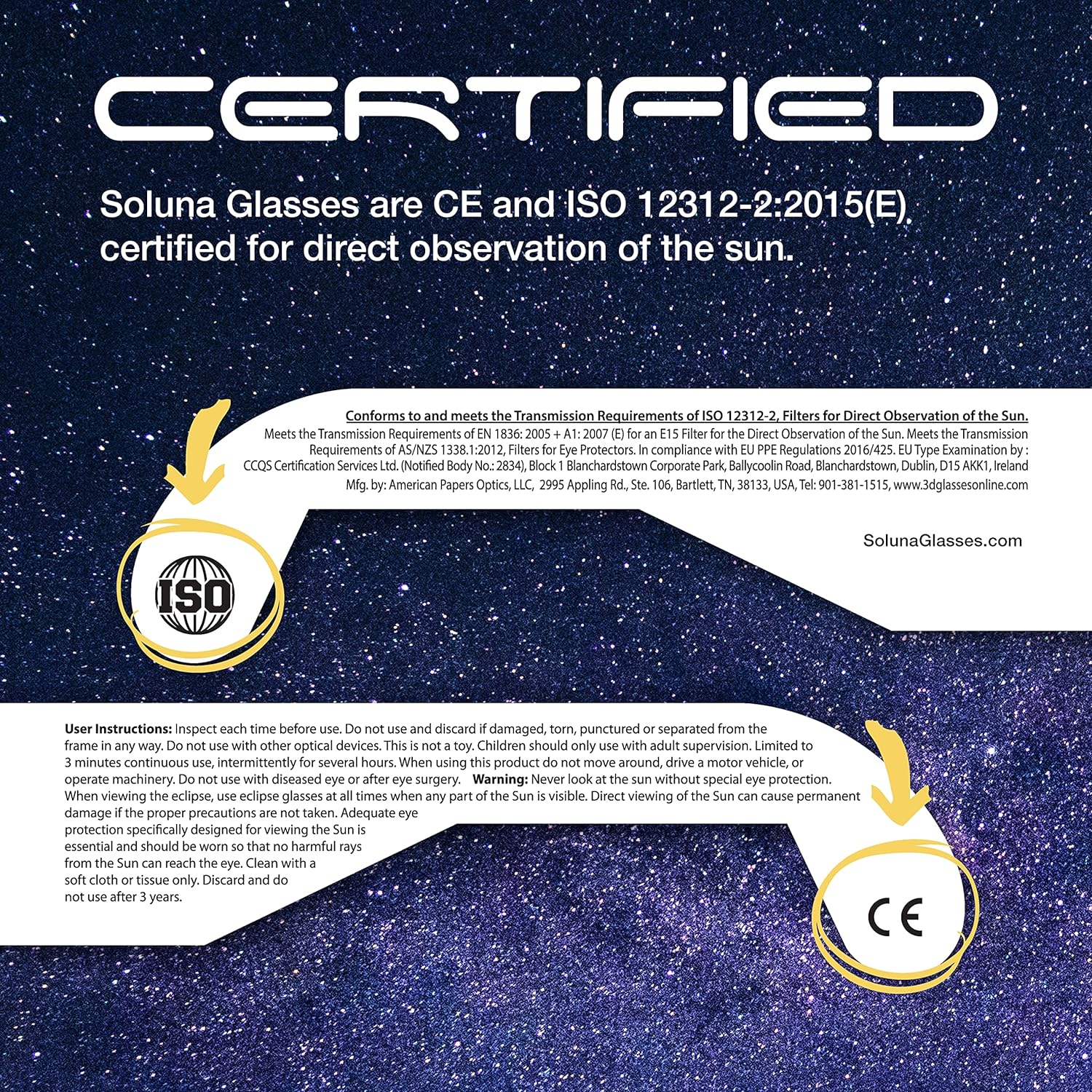 Generic Soluna Solar Eclipse Glasses - CE and ISO Certified Safe Shades for Direct Sun Viewing - Made in the USA (5 Pack)