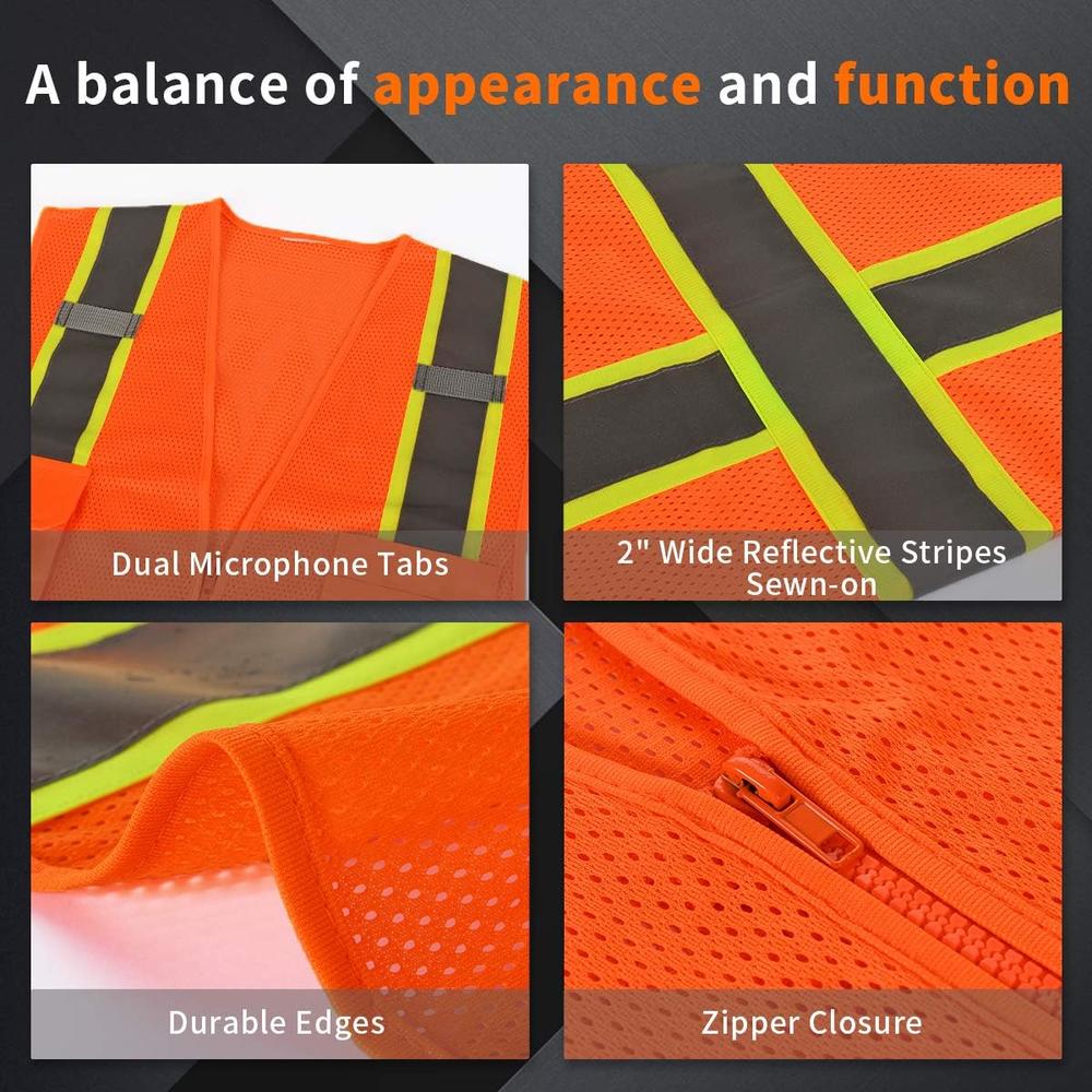 SHORFUNE High Visibility Safety Vest with Pockets, Mic Tabs, Zipper and Reflective Strips, Meets ANSI/ISEA Standards, Orange, L