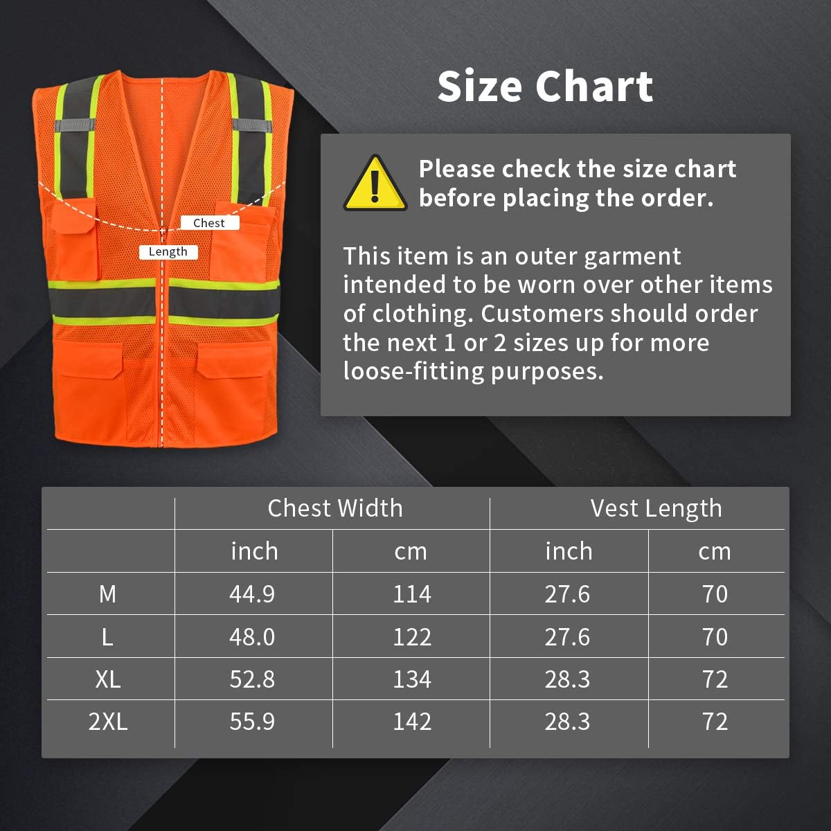 SHORFUNE High Visibility Safety Vest with Pockets, Mic Tabs, Zipper and Reflective Strips, Meets ANSI/ISEA Standards, Orange, L