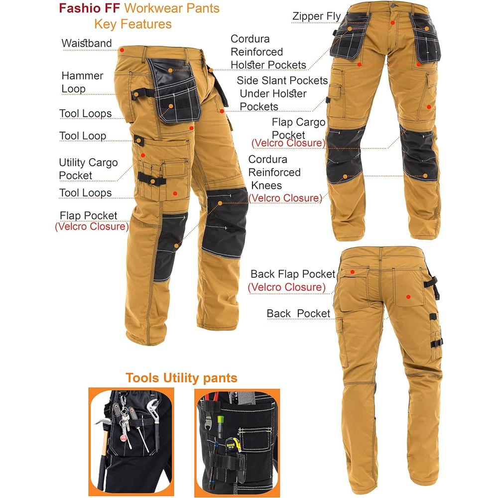 Generic FASHIO FF Mens Construction Pants Utility Tool Pockets Carpenter Cordura Knee Reinforced Work Wear Safety Trousers