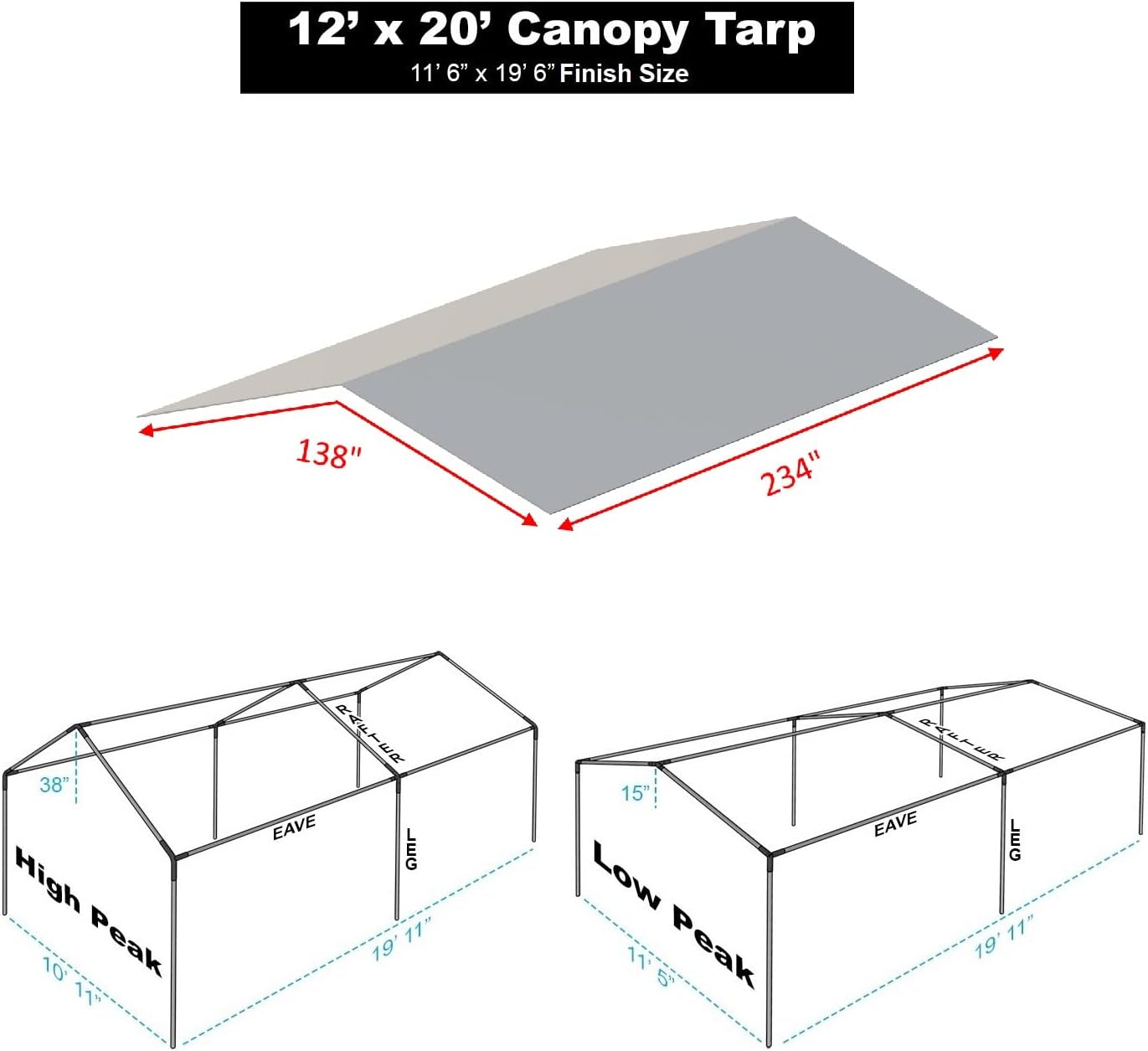 Generic Carport Canopy Cover 12 x 20 Heavy Duty Tarp Tent Roof for High or Low Peak Canopy Frame, White and Silver, Only Cover (Silver