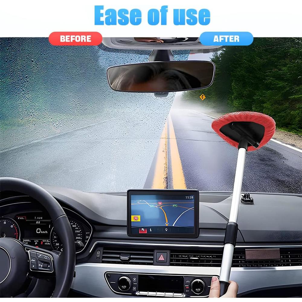 AUKEPO Windshield Cleaning Tool, Car Window Cleaner with Extendable Long Handle and 4 Washable Reusable Microfiber Pads, Auto Interior