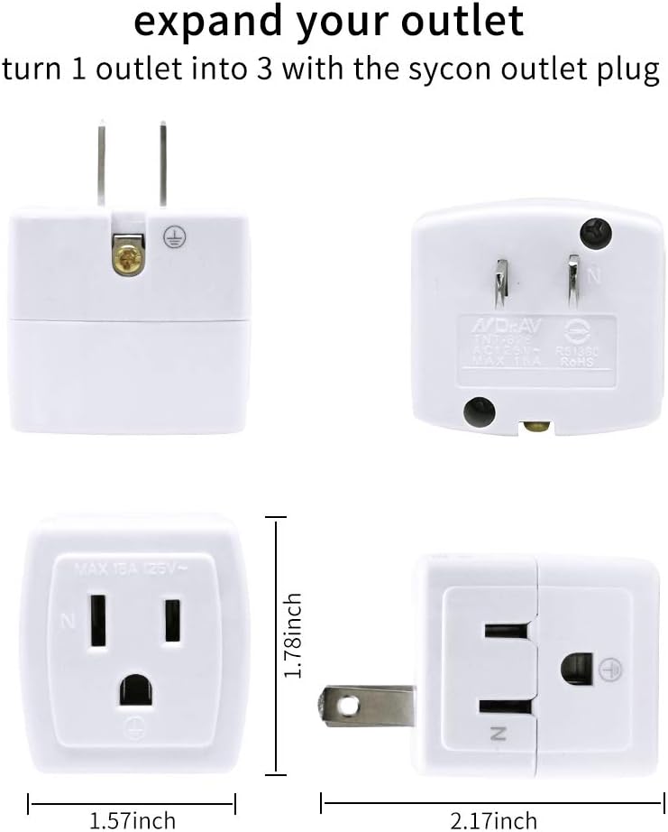 Sycon China SYCON Adapter Outlet Extender, 2-Prong to 3-Prong Mini Wall Plug, Multi Outlet Splitter with 3 Outlets