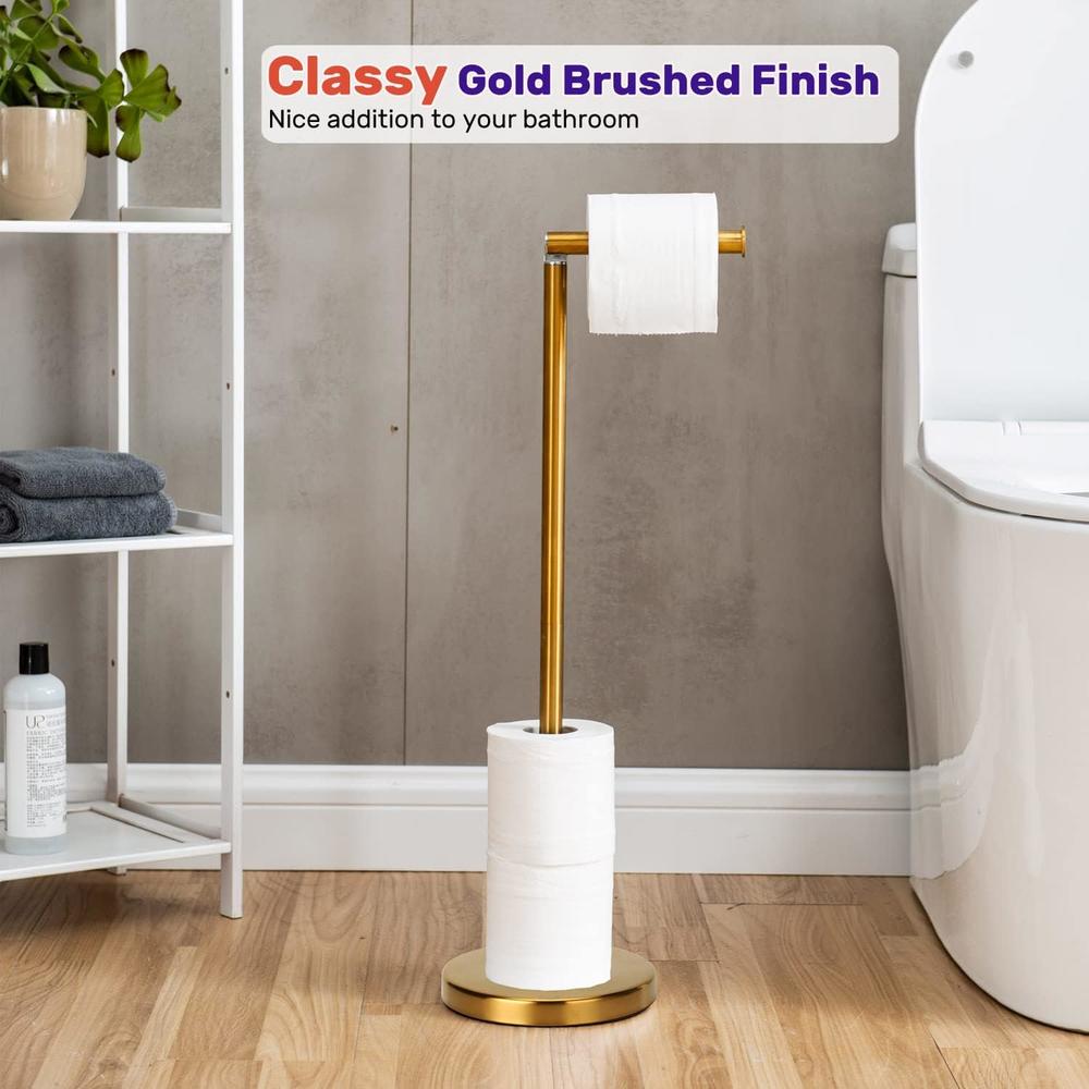 Waydeli Toilet Paper Holder Gold, Free Standing Toilet Paper Holder Stand with Reserve for 4 Spare Rolls, Sturdy Base, Toilet Tissue Pa