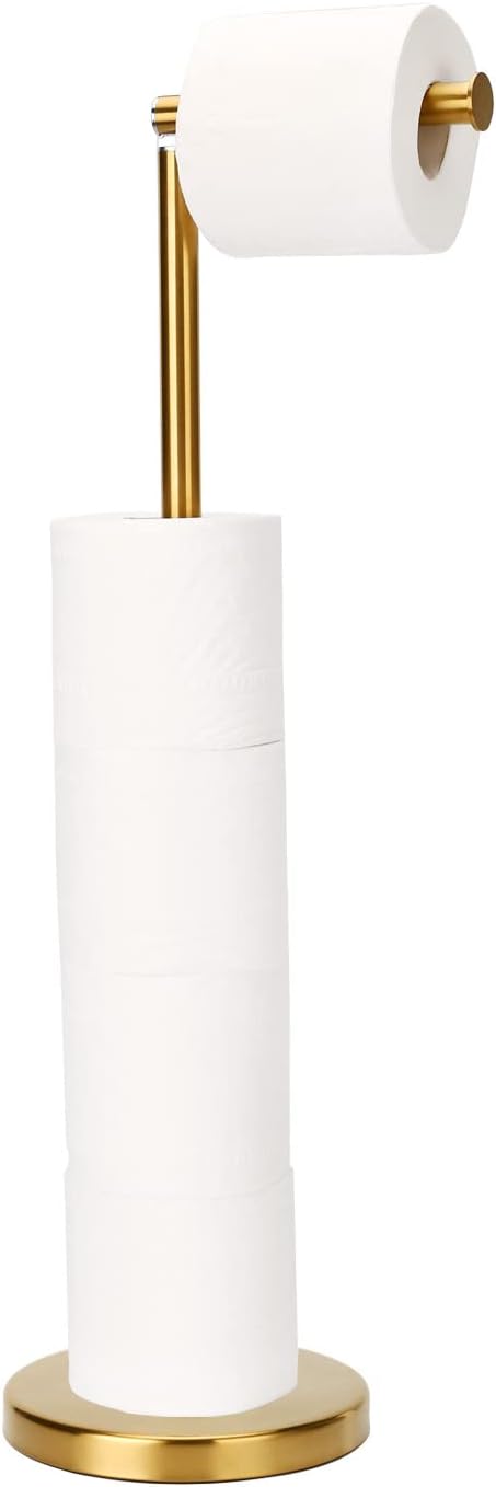Waydeli Toilet Paper Holder Gold, Free Standing Toilet Paper Holder Stand with Reserve for 4 Spare Rolls, Sturdy Base, Toilet Tissue Pa
