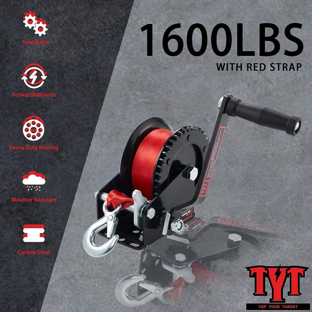 TYT 1600lb Boat Trailer Winch with 8M Red Strap, 2 Way Ratchet Hand Crank Strap Winch with Strong Hook, Heavy Duty Steel Constructi