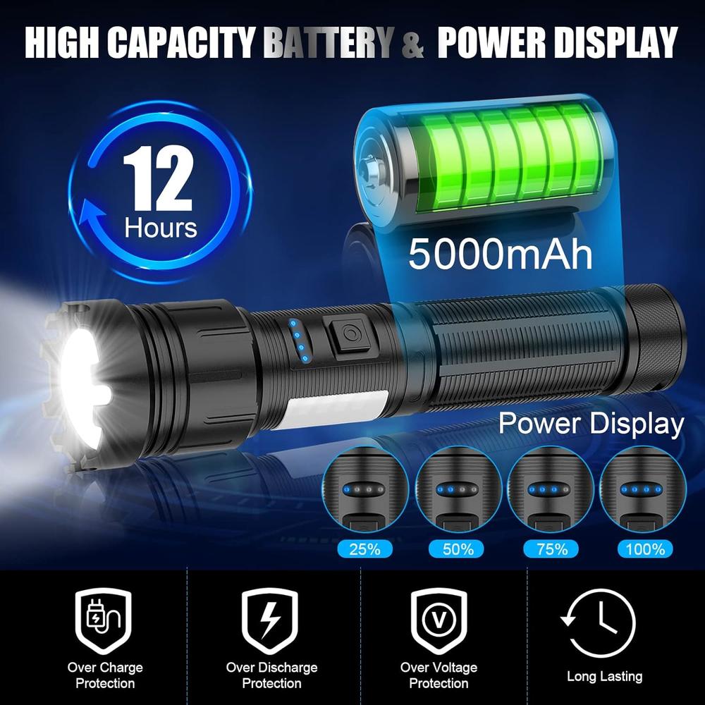 morezra Magnetic Rechargeable Flashlight 10000 High Lumens, Super Bright LED Flashlight with COB Work Light, USB C, 7 Modes, Zoomable,