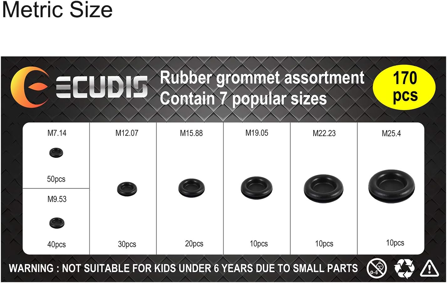 ECUDIS 170Pcs Rubber Grommet Firewall Hole Plug Set Electrical Wire Gasket Assortment, Set of 7 Different Metric Sizes for Car, Pump (