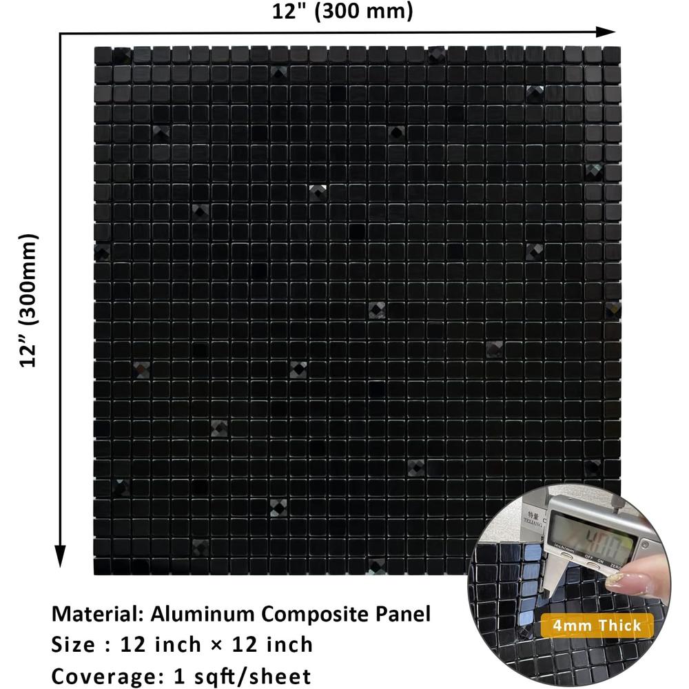Miscasa 12-Sheet Peel and Stick Black Backsplash Tiles, Black Aluminum Surface Glass Mixed Mosaic Stick for Kitchen, Firplace&#226;