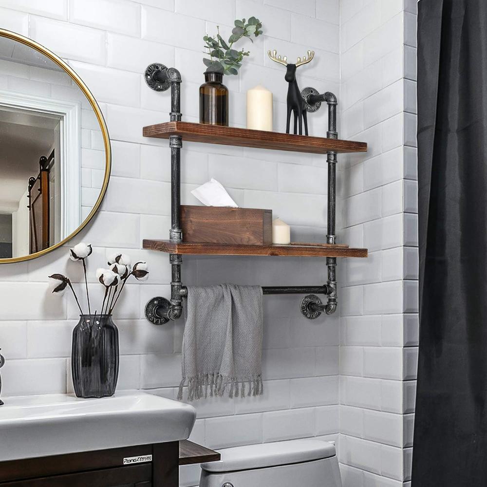 BOSURU Industrial Bathroom Shelves Rustic Wood Shelves with Towel Bar 24" Farmhouse Shelf for Wall Pipe Shelving-2 Layer
