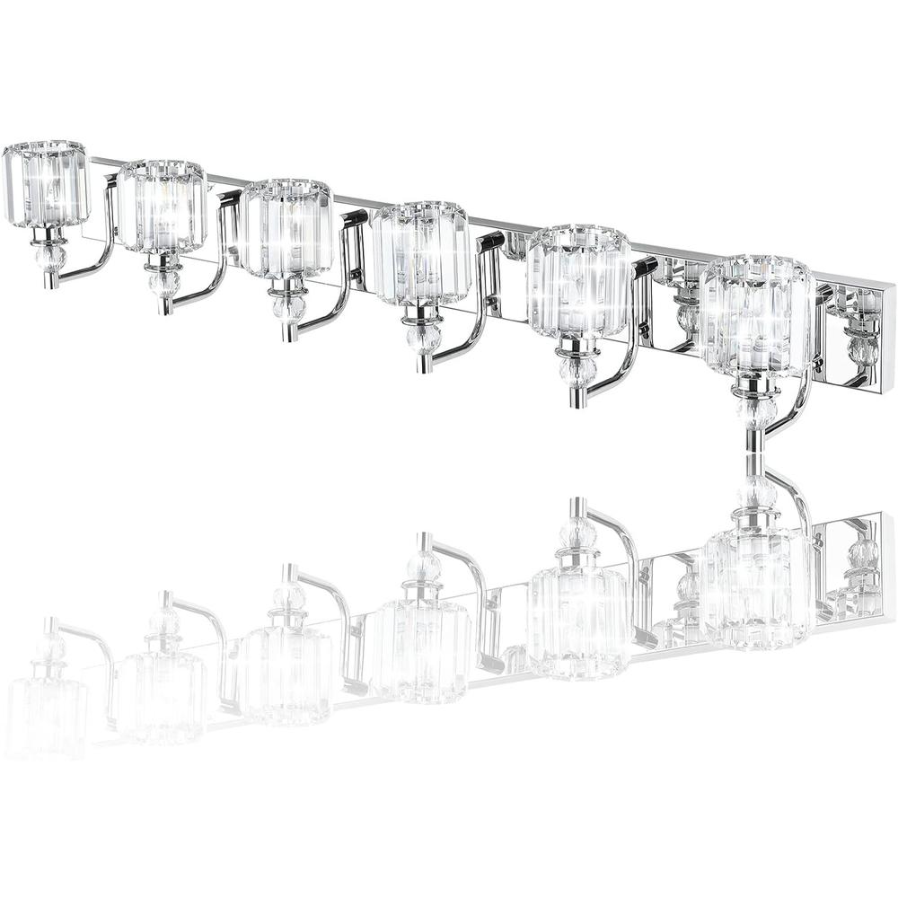 Ralbay Crystal Vanity Lights 6 Light 48" Modern Crystal Bathroom Lights Fixtures Over Long Mirror Stainless Steel Chrome Vanity L