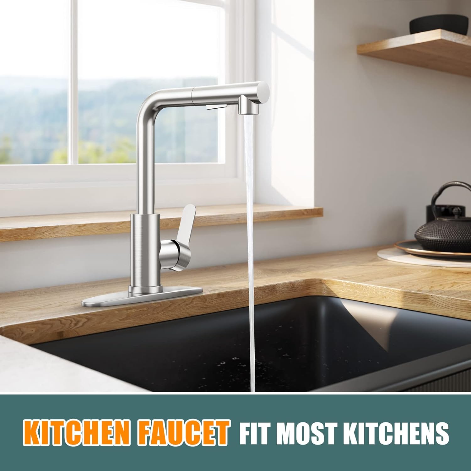 HURRAN Kitchen Faucet with Pull Down Sprayer, Brushed Nickel Single Handle Kitchen Sink Faucet with Deck Plate to Cover 1 or 3
