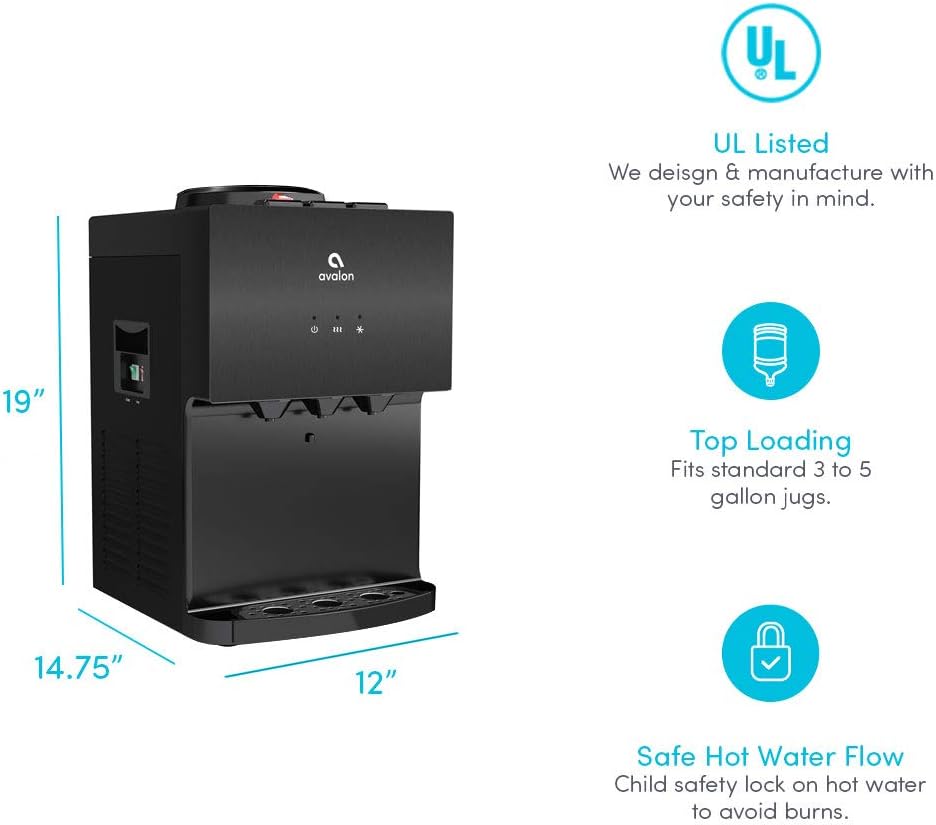 Avalon A11BLK 3 Temperature Top Loading Countertop Water Cooler Dispenser with Child Safety Lock. UL/Energy Star Approved-Black Stainl