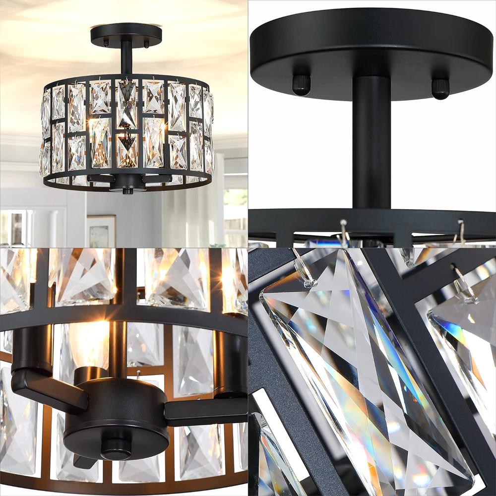 MEXO Farmhouse Crystal Round Semi Flush Mount Modern Close to Ceiling Light Fixture, Mexo Cylinder Drum Shade Ceiling Lights 3LT Cei