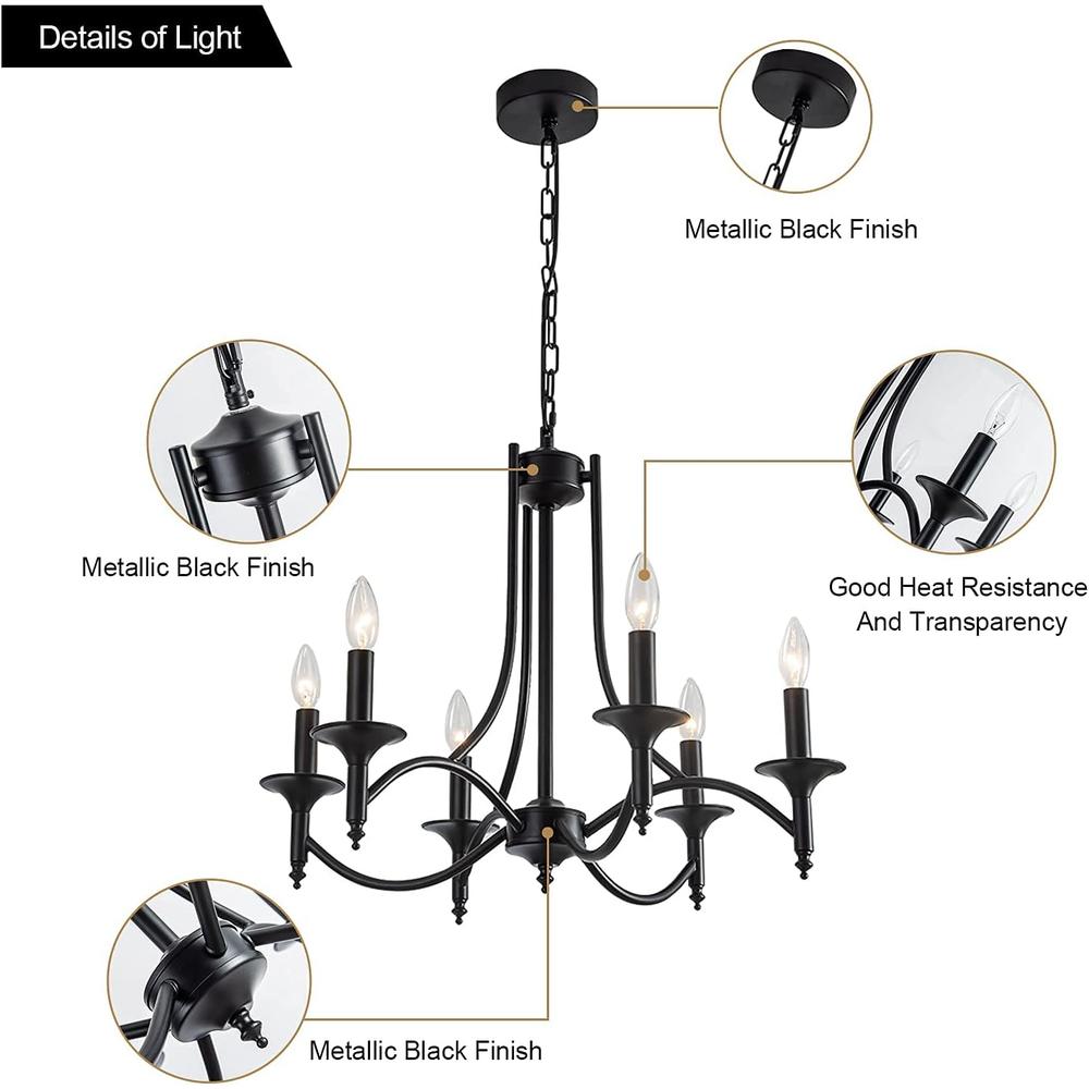 Pretoy Black Farmhouse Chandelier Modern Candle Chandeliers for Dining Room Light Fixture 6-Light Rustic Industrial Hanging Pendant Li