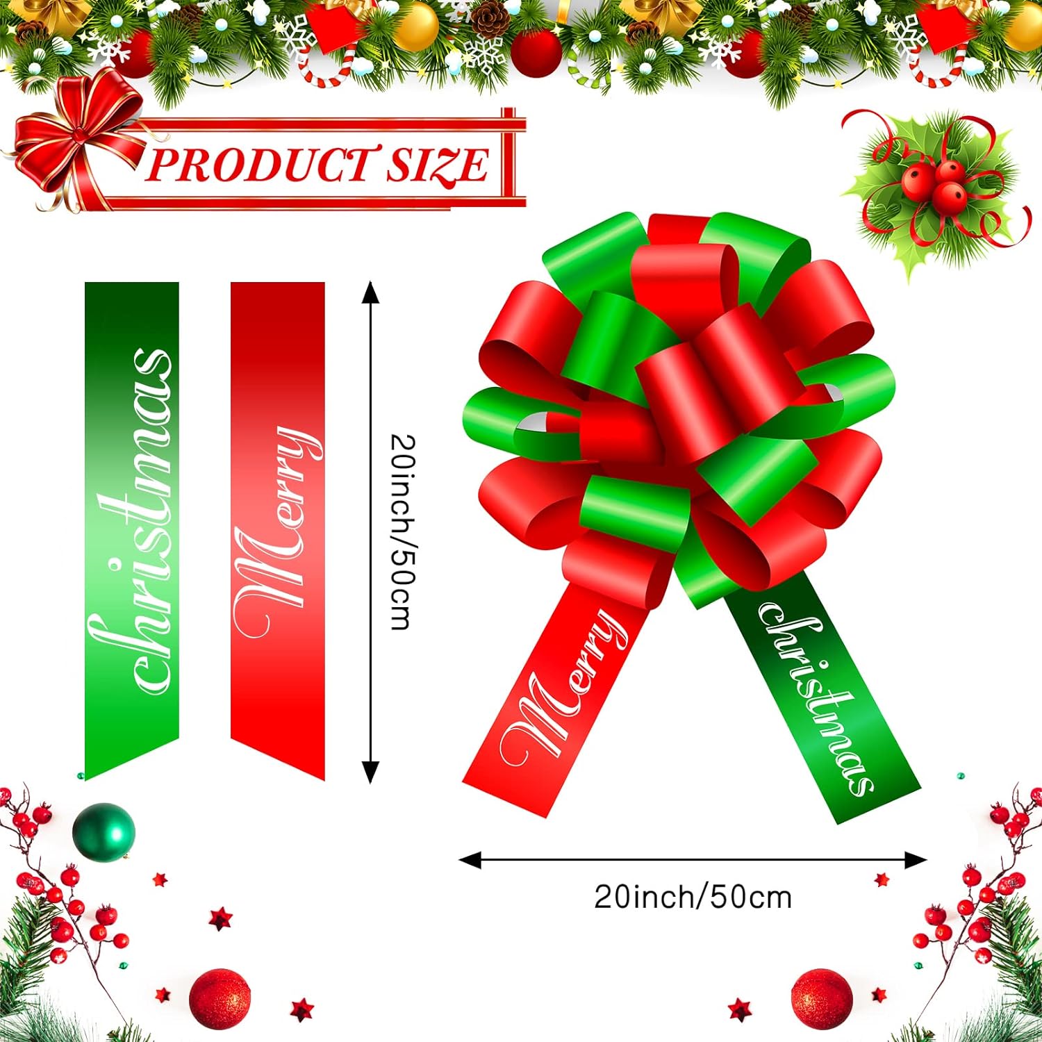 Generic 20 Inch Merry Christmas Car Bow Giant Bow for Car Decoration Red  Green Pull Bow Large Wrapping Car Ribbon Bow for Christmas Par