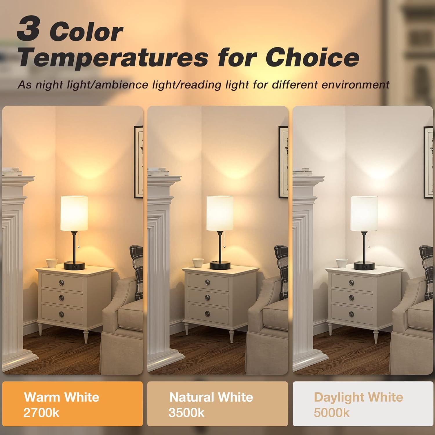 Dicoool Small Bedroom Lamps 3 Color Temperatures - 2700K 3500K 5000K Bedside Lamps with USB C and A Ports, Pull Chain Table Lamps with