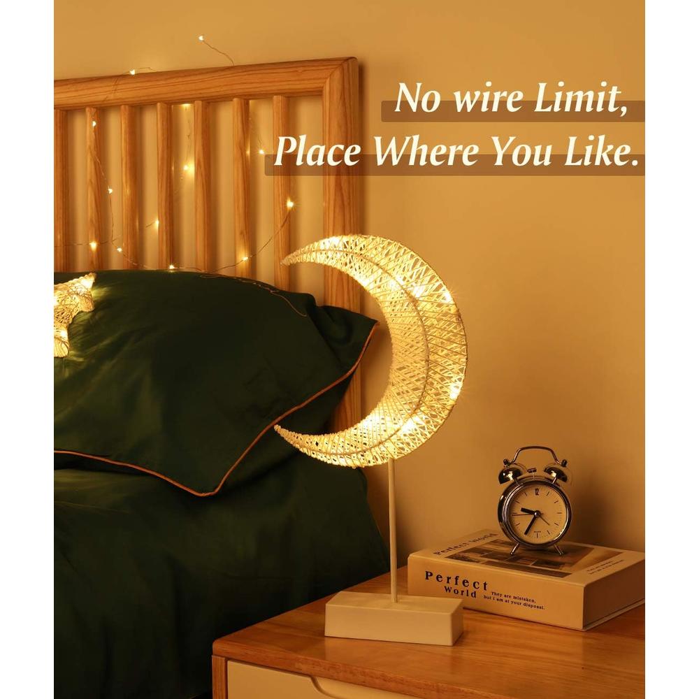 Lewondr Decorative Table Lamp, Battery Powered Christmas Moon Shape Ramadan Desk Lamp, Winding Thread Warm LED Crescent Light Xmas Home