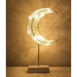 Lewondr Decorative Table Lamp, Battery Powered Christmas Moon Shape Ramadan Desk Lamp, Winding Thread Warm LED Crescent Light Xmas Home