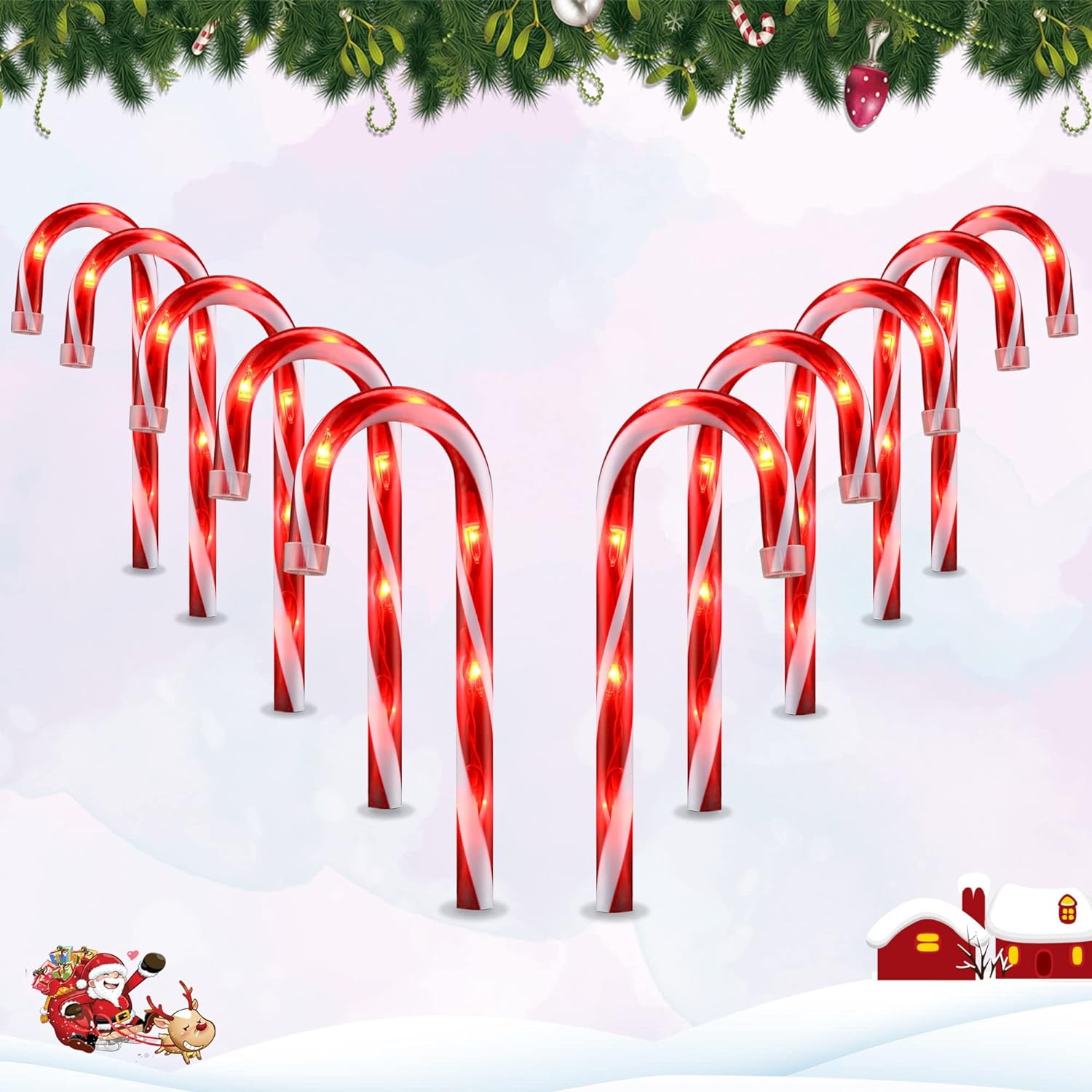 VCOKEN 10'' Christmas Candy Cane Pathway Markers Lights - Set of 10 Christmas Stakes Lights Outdoor Pathway Decorations, Connectable