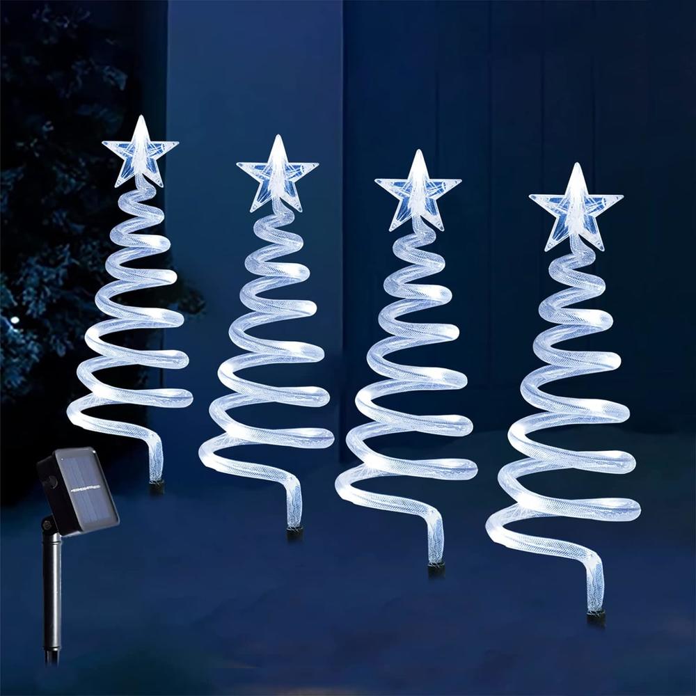 SunnyPark Set of 4 Spiral Christmas Tree Pathway Lights, Solar Powered Pre-lit 40 LEDs Pathway Markers Stake Outdoor Christmas Decoration
