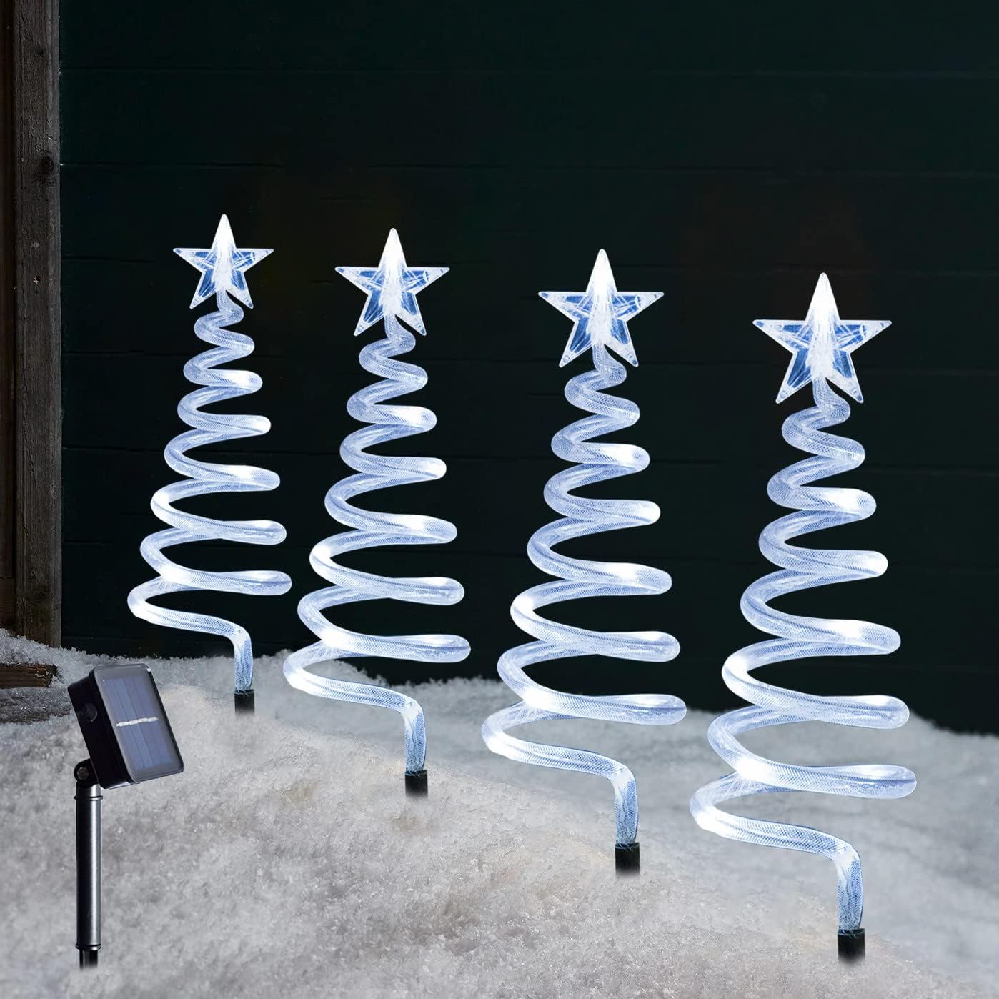 SunnyPark Set of 4 Spiral Christmas Tree Pathway Lights, Solar Powered Pre-lit 40 LEDs Pathway Markers Stake Outdoor Christmas Decoration