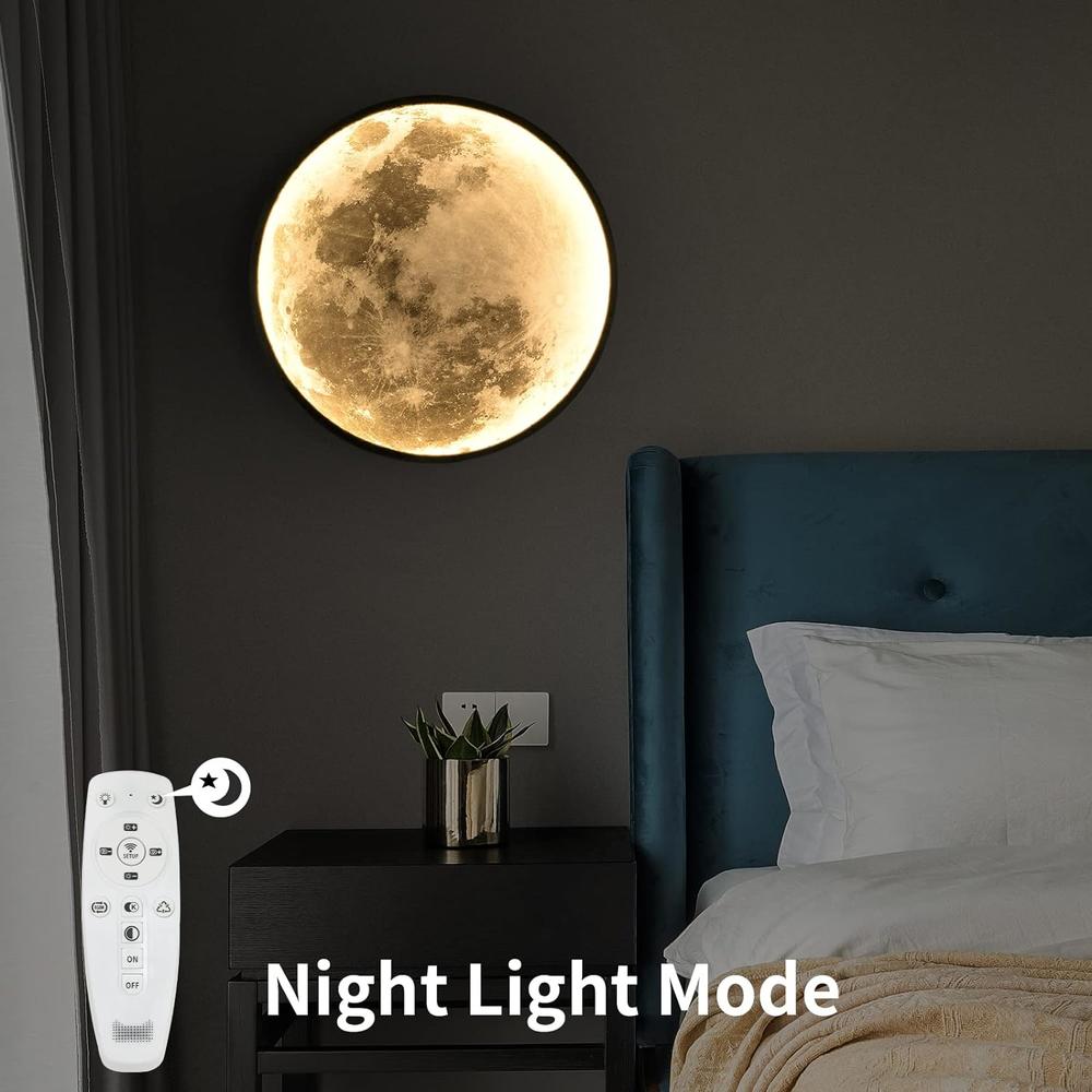 QIYIMEILUX Dimmable Moon Wall Sconce Plug in Modern LED Wall Light with Remote Control 19.7 inch 24W Black Wall Lamp Indoor Wall Mounted L