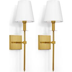 gratesola Wall Sconces Set of 2, Dimmable Wall Lighting Fixtures, Classic Hardwired Indoor Brushed Gold Metal Sconce Lights with Fabric S