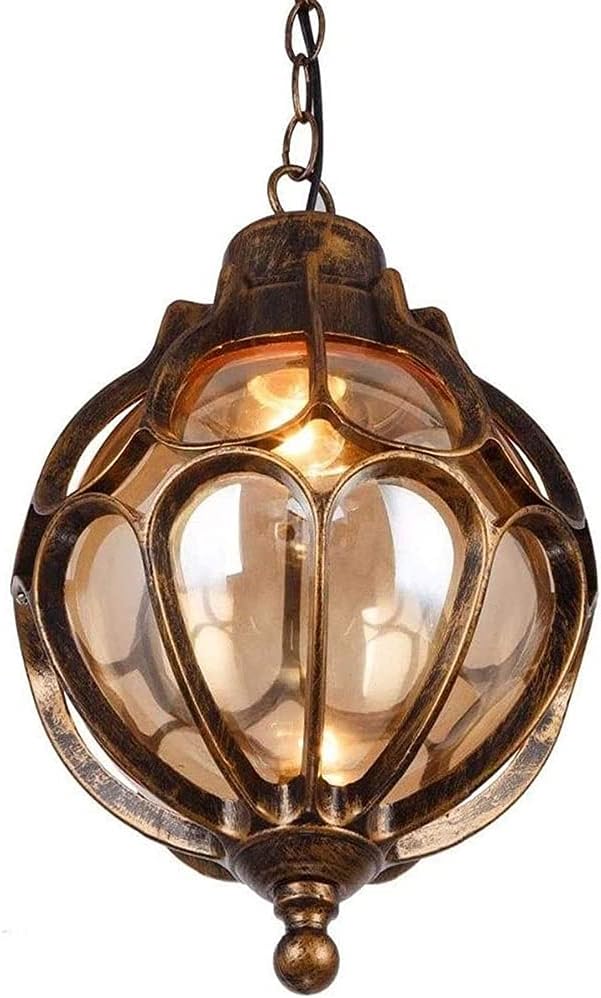 SLAWA Outdoor Pendant Lights for Porch, Vintage Exterior Hanging Lantern with Spherical Glass Lampshade, Bronze Aluminum Fixture for