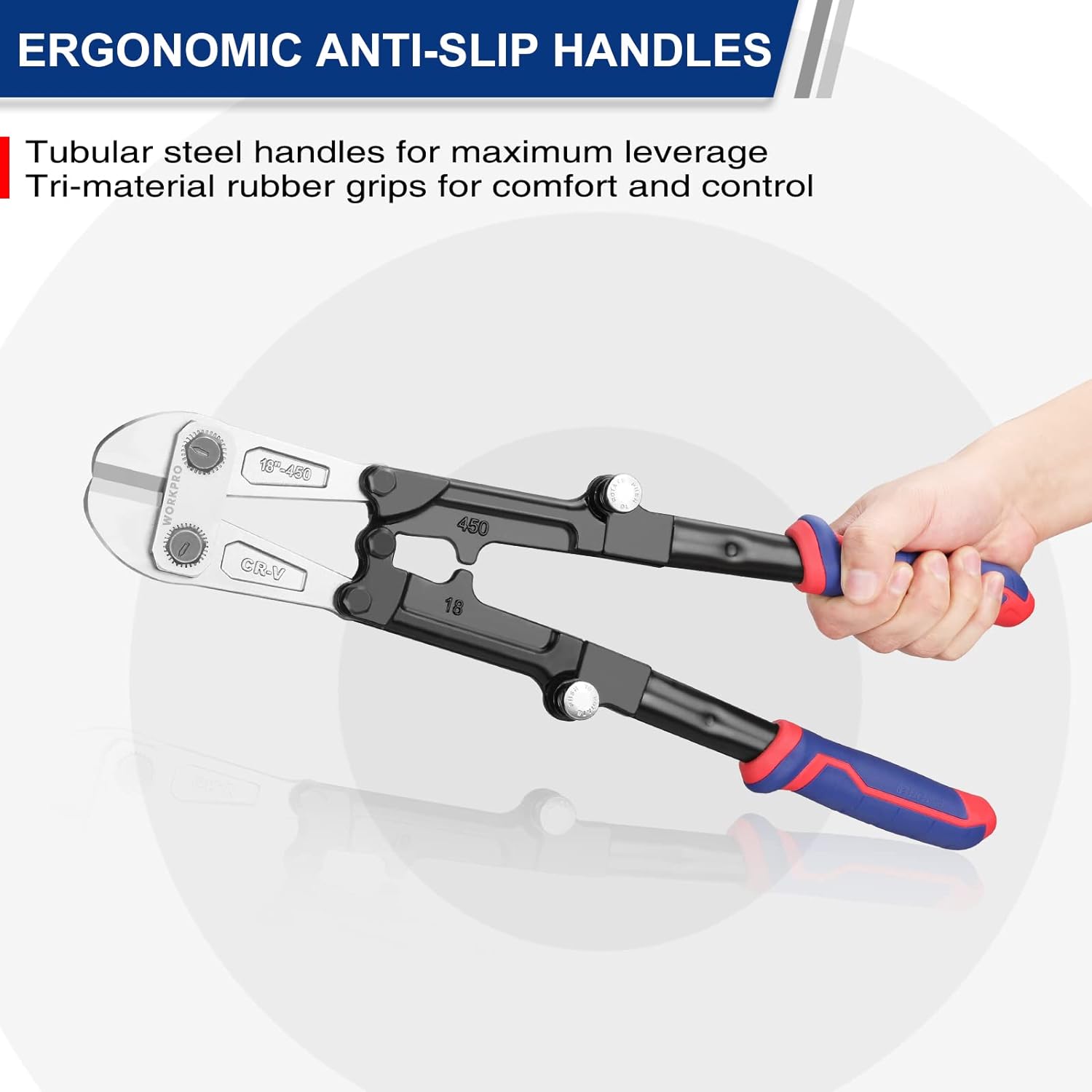 HANGZHOU GREATSTAR INDUSTRIAL  WORKPRO 18-Inch Foldable Bolt Cutter, Tri-Material Handle with Comfort Grip, Chrome Vanadium Steel Blade, for Rods, Bolts, Rive