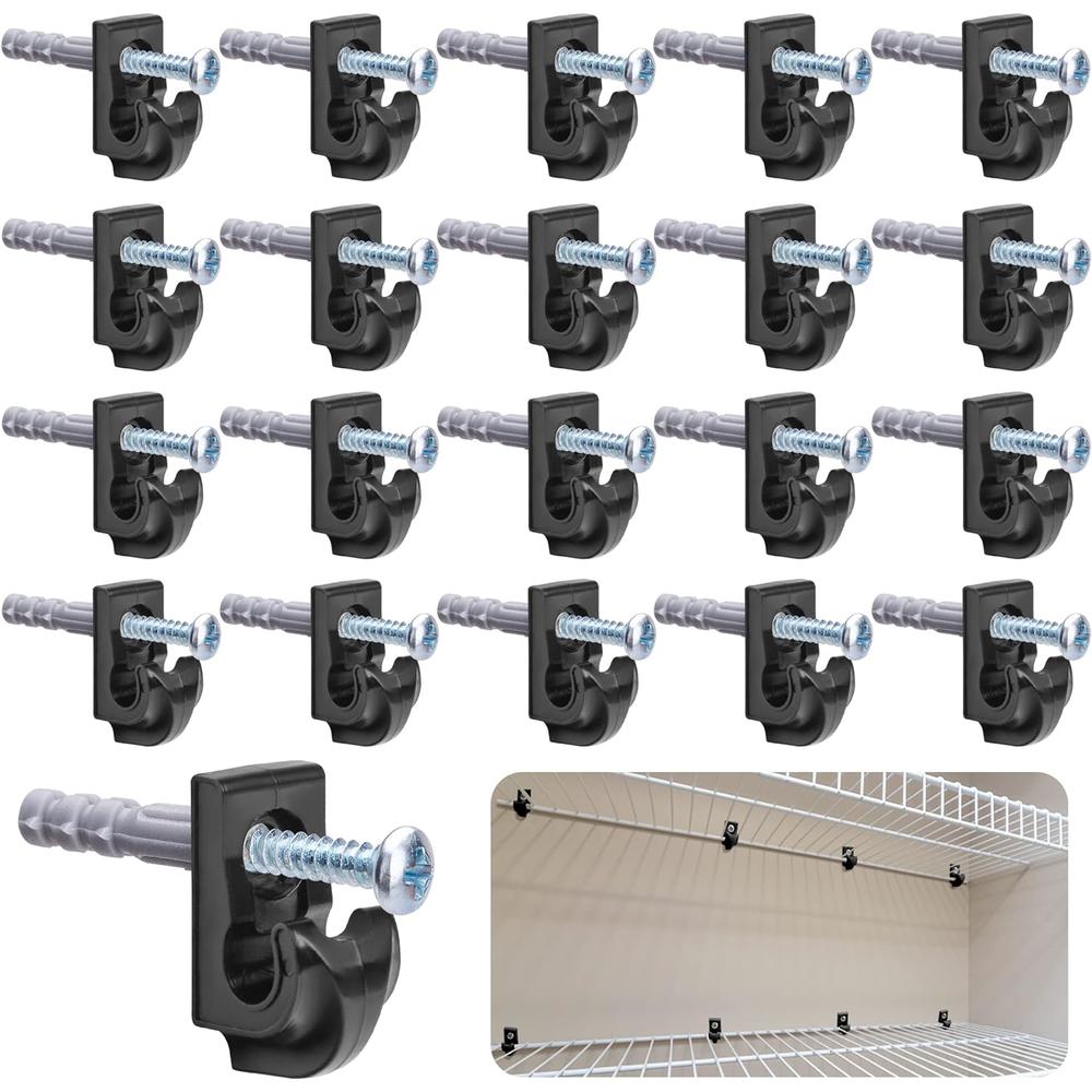 Sfcddtlg 20 PCS Black Down Wall Clips-Wire Shelf Loop Clips-Plastic Closet Shelves Clips Screws and Expansion Tubes for Wire Shelving