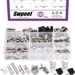 Swpeet 237Pcs 9 Styles Nickel Plated and Metal Shelf Pins Kit with