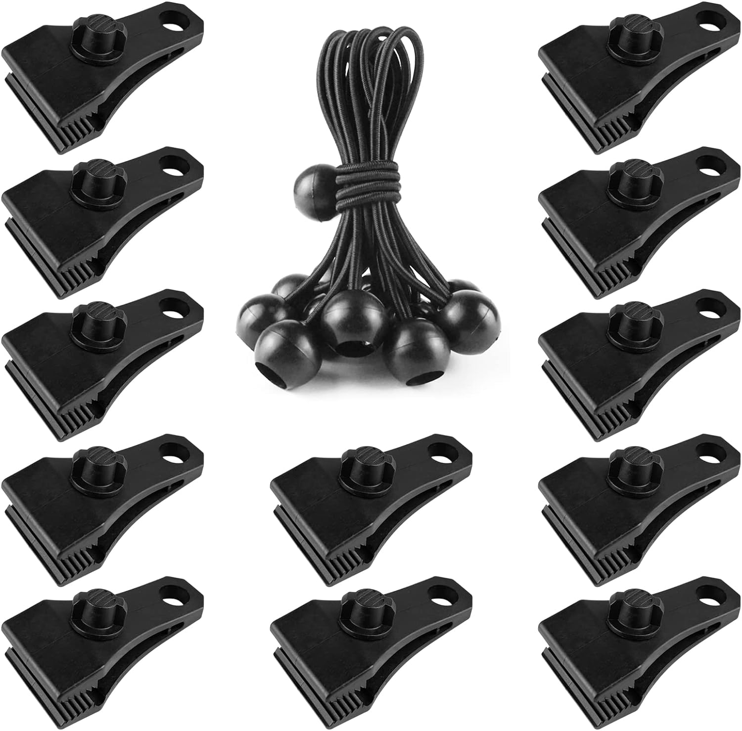 Clio Large Tarp Clips Heavy Duty Lock Grip 12 PCs Tarp Clamps Thumb Screw Tent Fasteners Clips with 12 PCs Ball Bungee Cords for Cam