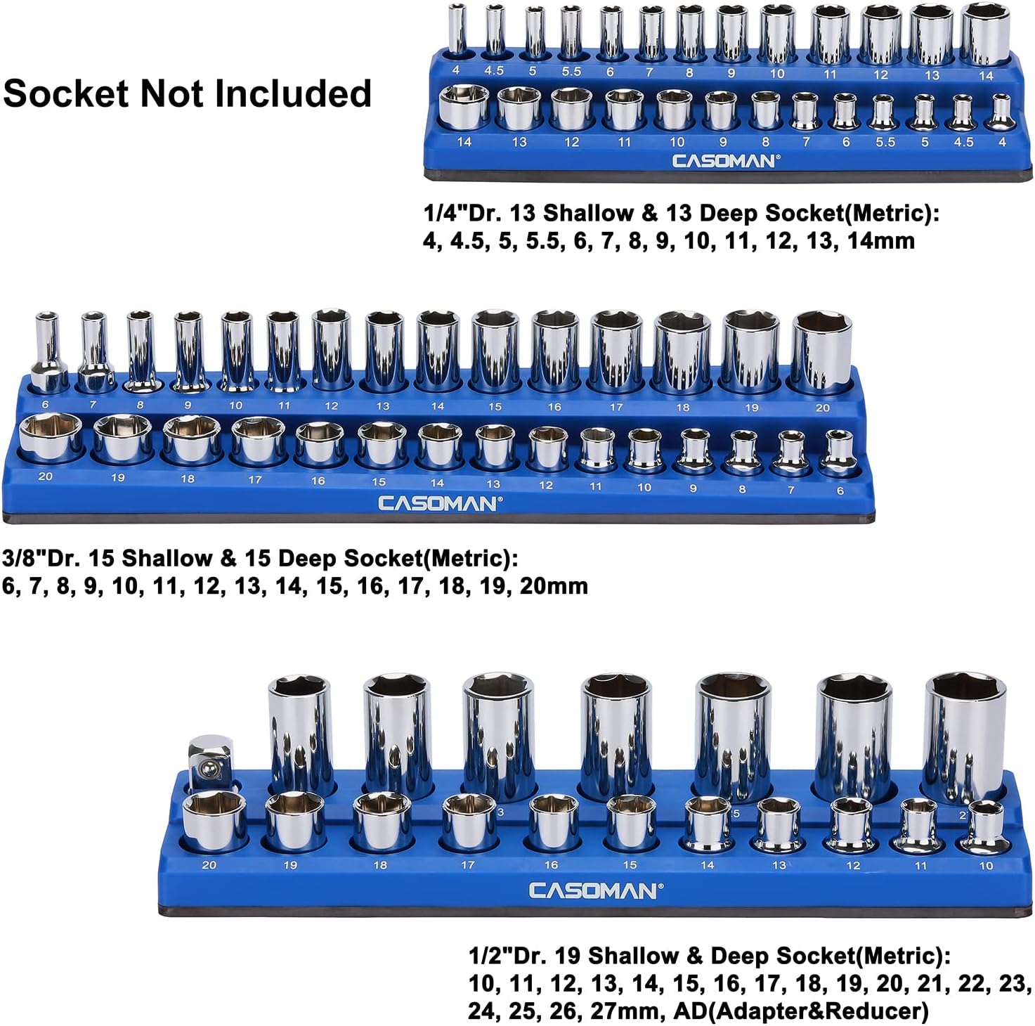 CASOMAN Magnetic Socket Organizer, 3 Piece Socket Holder Kit, 1/2-inch, 3/8-inch, 1/4-inch Drive, Holds 75 Metric Sockets, Blue Color,