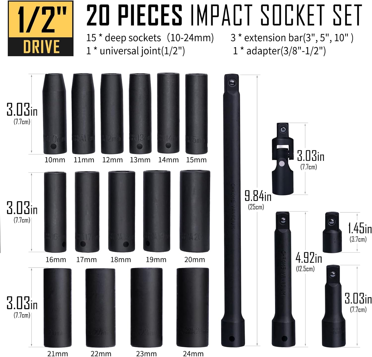 BOEN 1/2" Drive Metric Deep Impact Socket Set, 20 Piece Cr-V Steel Metric Socket Set 10mm-24mm, Includes Extension Bars, U