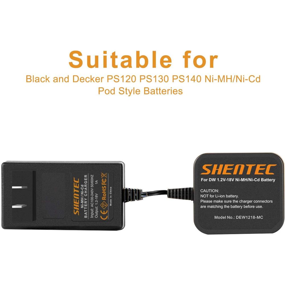 Shentec 7.2V-18v Battery Charger Compatible with Black and Decker PS120  PS130 PS140 Ni-MH/Ni-Cd Pod Style Batteries