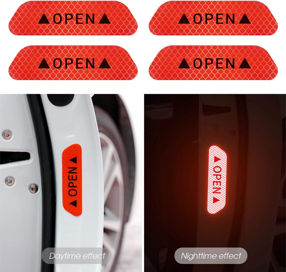 AUKEPO 4PCS Reflective Open Warning Stickers for Car Door, Night Visibility Auto Safety Prompt Decals, 3.6 Inch Anti-Collision Protect