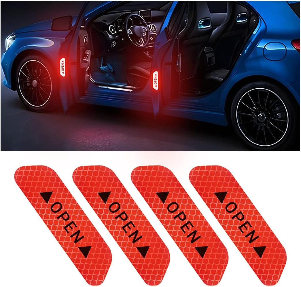 AUKEPO 4PCS Reflective Open Warning Stickers for Car Door, Night Visibility Auto Safety Prompt Decals, 3.6 Inch Anti-Collision Protect