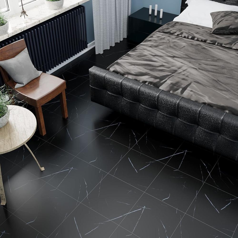 Generic VEELIKE Peel and Stick Vinyl Floor Tiles 12''x12'' Black Marble Flooring Tiles Self Adhesive Waterproof Floor Vinyl Sticker Til