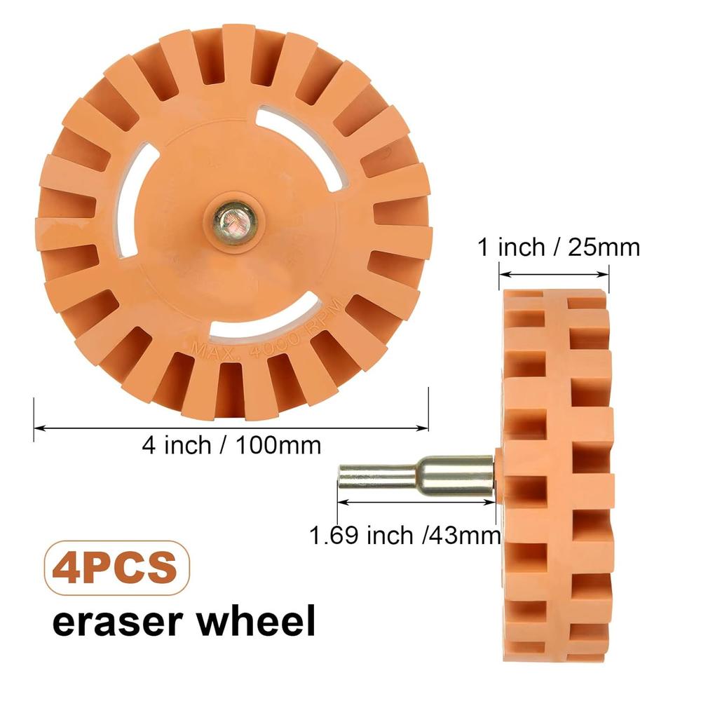 Generic 4 PCS Decal Remover Eraser Wheel 4 Inch, Eraser Wheel Decal Remover with Drill Adapter Cars Sticker Remover Tool for Vinyl, Dec