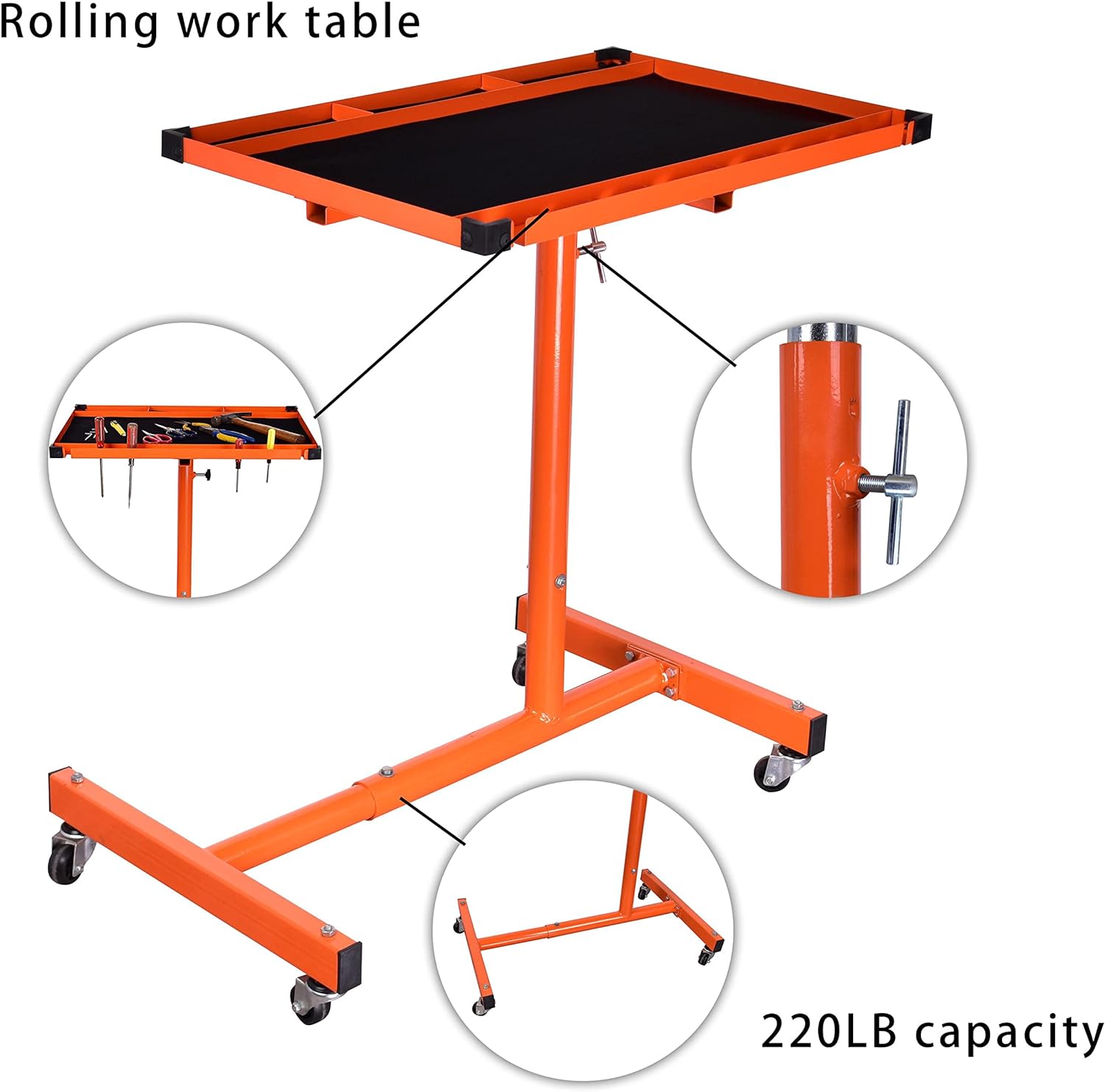 Aain &#194;&#174; L018A Heavy-Duty Adjustable Work Table with Wheels, Mechanic Tray,Mobile Rolling Tool Table, Orange