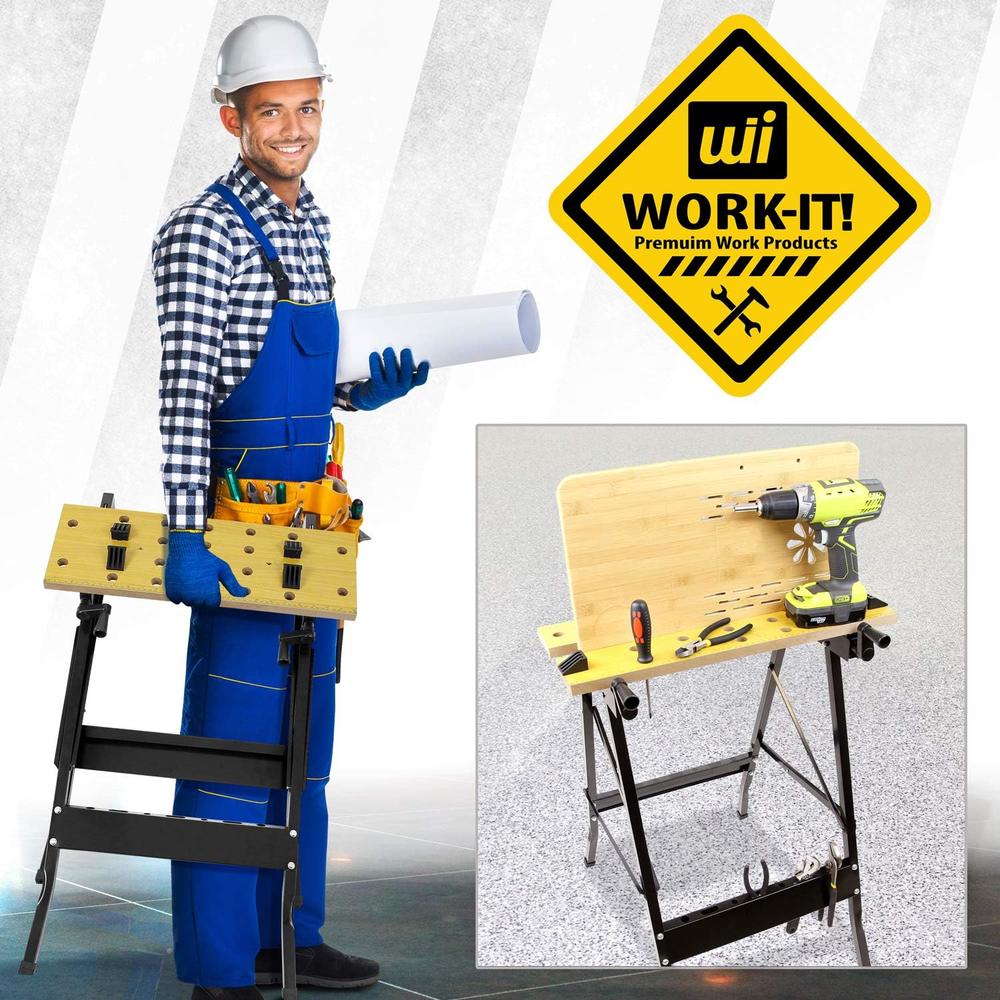 Work-It! Portable Workbench, Folding Carpenter Saw Table with Adjustable Clamps - Easy to Transport with Heavy-Duty Steel Frame, 150 Lbs