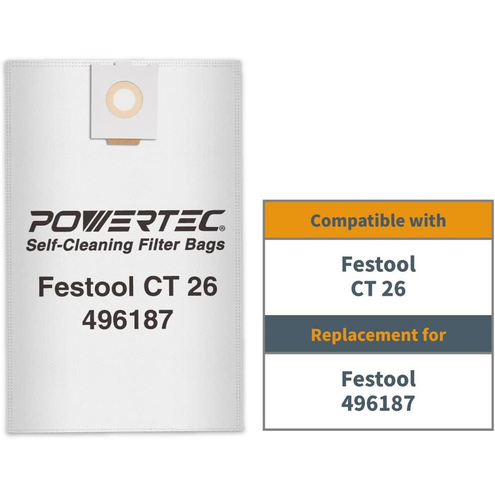 Powertec 75037 Filter Bags for Festool 496187 Fits CT 26, 5PK