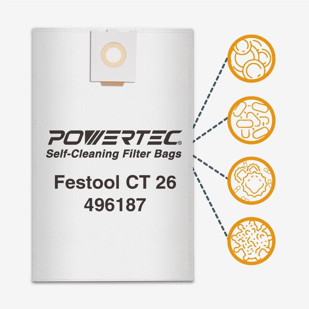 Powertec 75037 Filter Bags for Festool 496187 Fits CT 26, 5PK