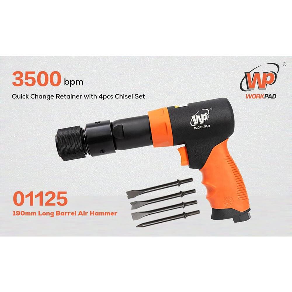 WP WORKPAD WORKPAD 190mm Long Barrel Air Hammer with Quick Change Chisel Retainer and 4-Piece Chisels Set, Pneumatic Tools