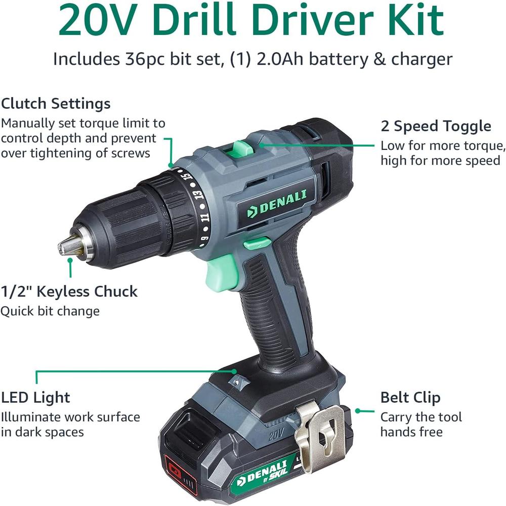 Amazon Brand - Denali Amazon Brand &#226;&#128;&#147; Denali by SKIL 20V Drill Driver Kit with 36-Piece Bit Set, Includes 2.0Ah Lithium B