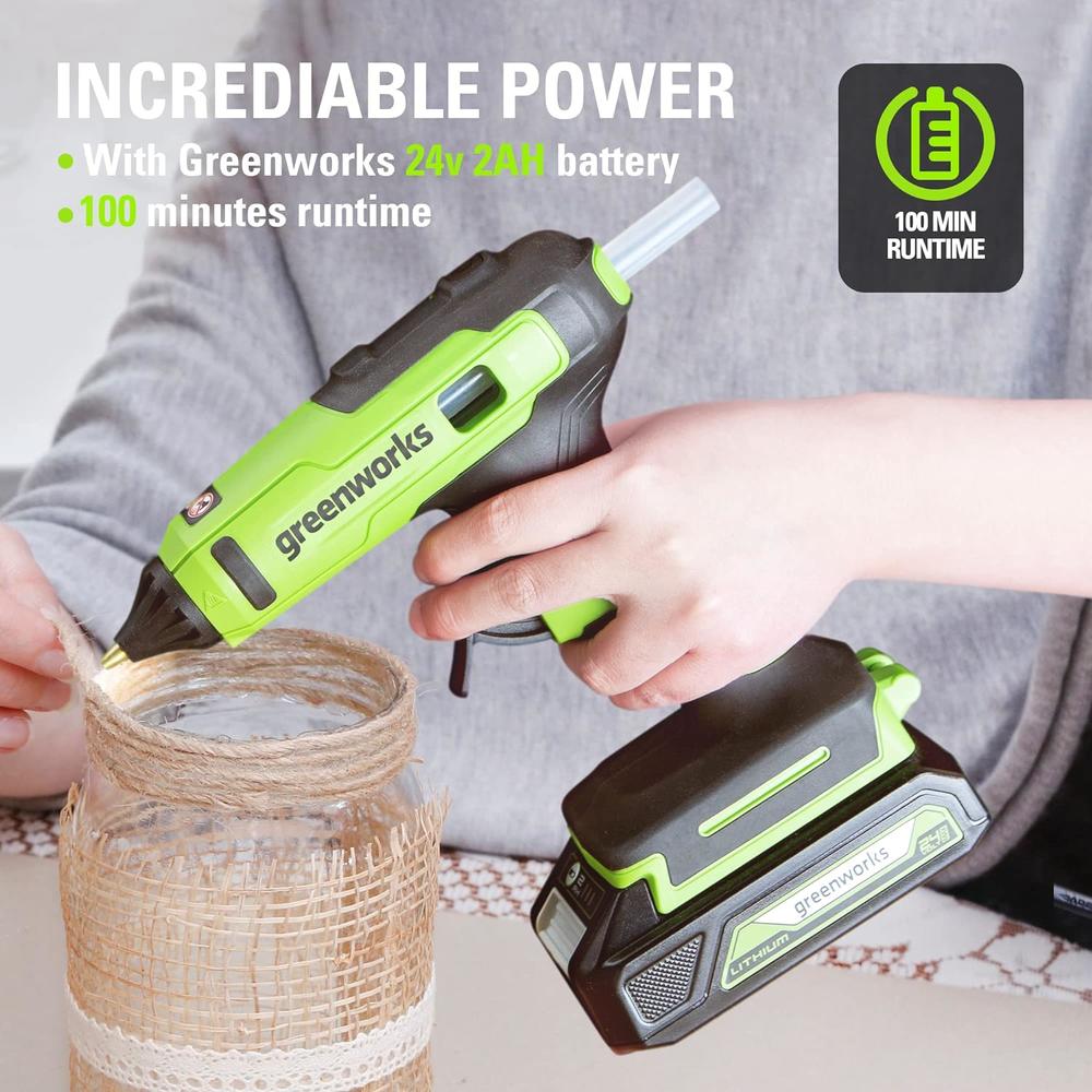 Greenworks 24V Cordless Glue Gun Tool Only, 90 Sec. Fast Heating ,LED light, Drip-free nozzle, Auto off for DIY, Arts, Crafts, Home Decora